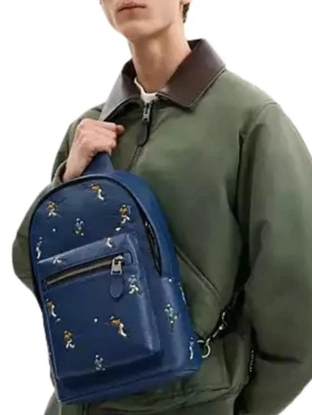 Coach West Backpack With Baseball Print Navy Blue Pebbled Leather Classic